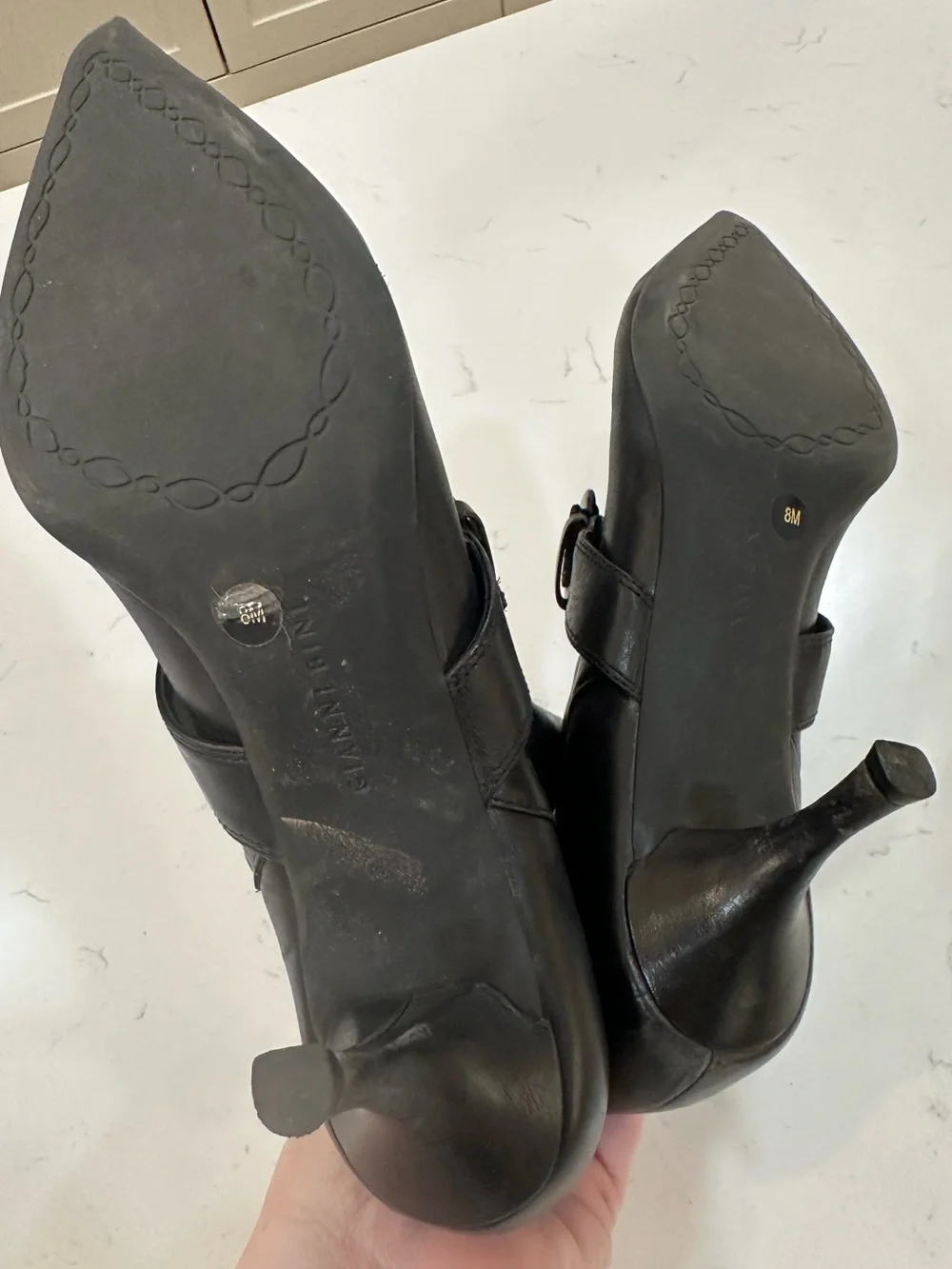 Gianni Bini Black Pointed Leather Ankle Booties with Buckle Strap- 8